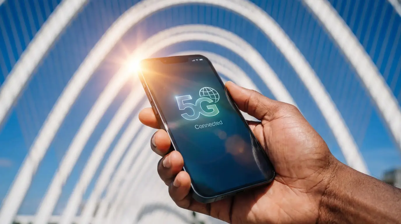 Person holding a smartphone with eSIM activation on the screen, ready for travel with a suitcase outdoors